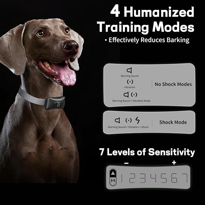Anti-Bark Dog Training Collar, 4 Modes with 7 Sensitivity Levels, IP67 Waterproof, Rechargeable, Black