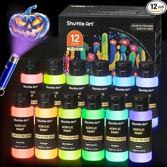 Shuttle Art Glow in the Dark Paint, 12 Colors with UV Light, 2oz/60ml Bottles, Ideal for Art Painting and Crafts, Great for Artists, Beginners on Rocks, Wood, Canvas, Fabric, and Halloween Decorations