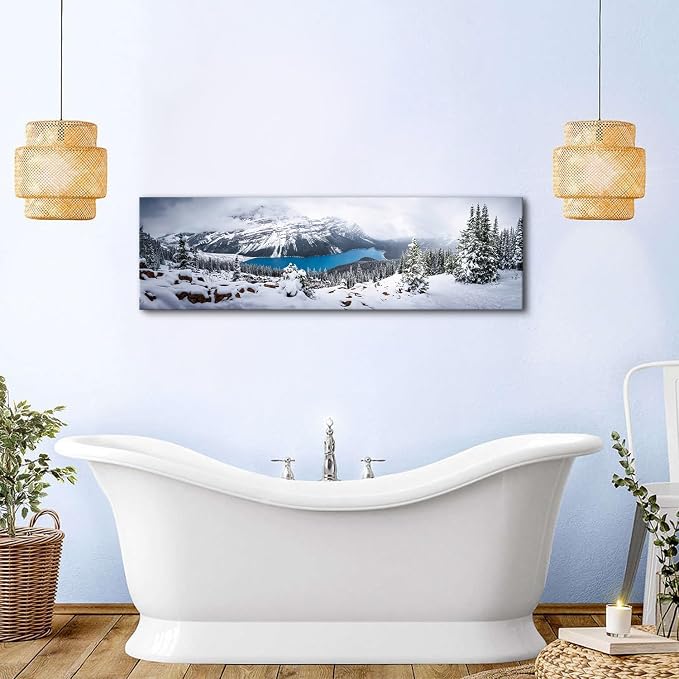 Snow Mountain Canvas Wall Art White Clouds Misty Forest Landscape Prints Picture Wall Decor Winter Tree Blue Lake Scenery Photography Painting Artwork for Living Room Bedroom Office Decoration 14x48"