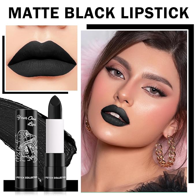 3PCS Matte Black Lipstick Black Lip Gloss Non-Stick Cup Velvet Lip Stain Long Lasting Matte Lipstick for Women Halloween Black Lip Makeup