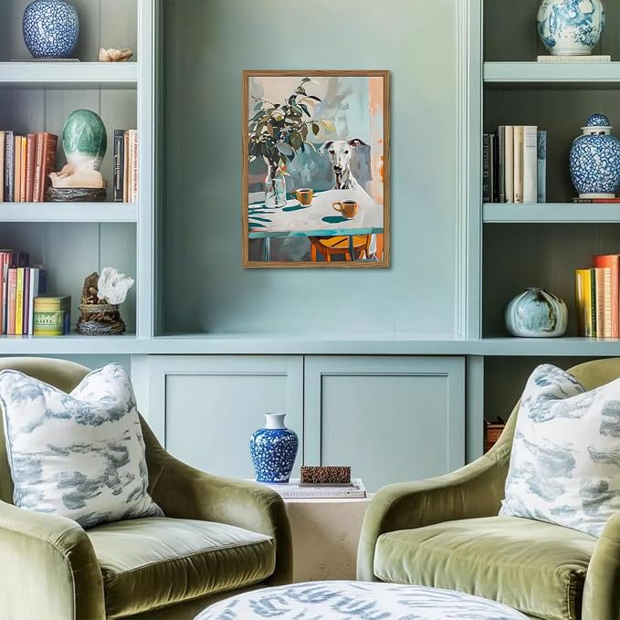 Funny Dog Wall Art, Whimsical Whippet Wall Decor Painting Cute Greyhound Poster Canvas Print Animal Artwork for Dining Room Kitchen Living Room 12x16 inch Wood Framed
