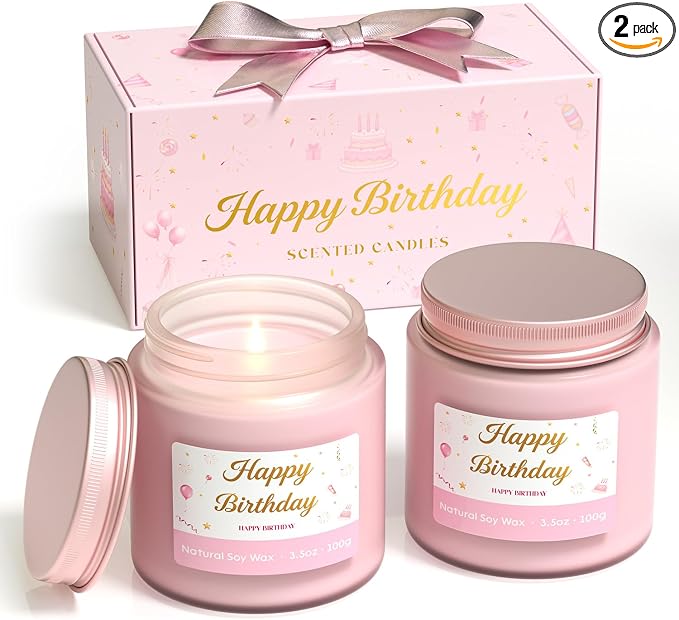 NORVENCE Birthday Candles, Scented Candles Gift Set, Stress Relief Candles for Home, Premium Soy Candle Set, Birthday Gifts for Women and Men (Birthday Pink, 7 oz)