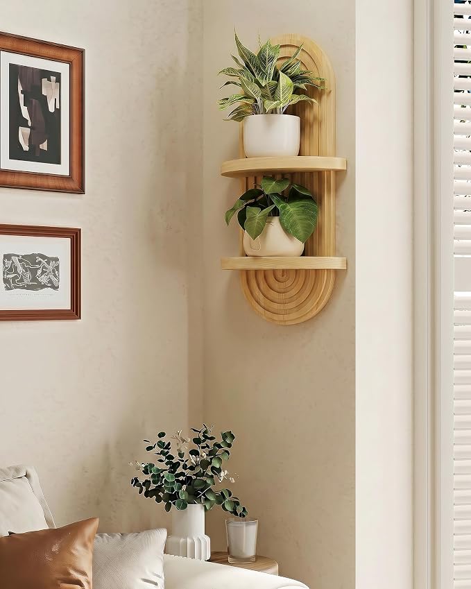 Bamworld Boho Wall Decor Plant Wall Shelf Mid Century Modern Decor Hanging 22in Plant Shelf 2-Tier Wooden Floating Shelves Natural | Mid Century Modern Decor Hanging Plant Shelf Wooden Floating Shelves for Home Bedroom Living Room Holding Planter Decor...