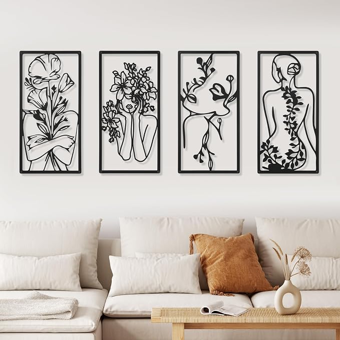 Cindeer 4 Pcs Metal Wall Art Decor Minimalist Abstract Woman Wall Art Line Drawing metal line art Home Hanging Art Decor for Bedroom Kitchen Bathroom Living Room(Fresh,Black)