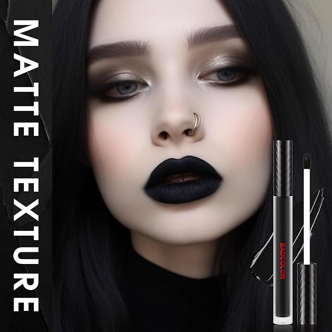 BADCOLOR 3 Colors Matte Liquid Lipstick Set, Black Blue Purple Halloween Makeup, High Impact Long Lasting Lip Stain Velvet Nonstick Cup Smudge Proof & Waterproof Lip Gloss Set
