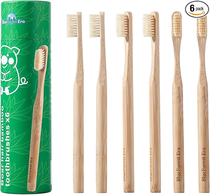 BlueForest Era Boar Bristles & Bamboo Toothbrush, Premium Boar Bristle Toothbrush for Adult, Plastic & Nylon Free, Eco-Friendly Natural Biodegradable Compostable Bamboo Tooth Brushes 6 Pack