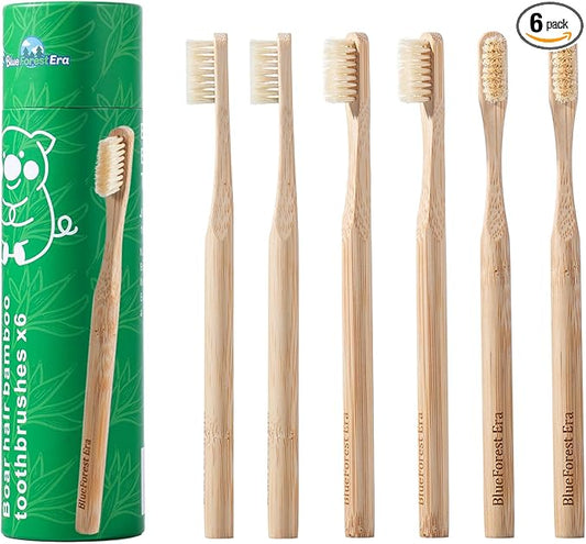 BlueForest Era Boar Bristles & Bamboo Toothbrush, Premium Boar Bristle Toothbrush for Adult, Plastic & Nylon Free, Eco-Friendly Natural Biodegradable Compostable Bamboo Tooth Brushes 6 Pack