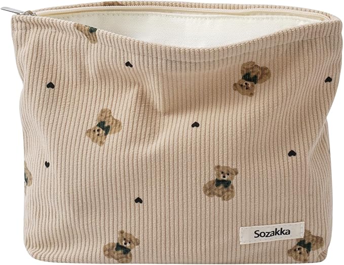 Cute Small Soft Corduroy Zipper Makeup Bag for Purse, Coquette Aesthetic Pouch with Bear Pattern for Women Girls, Kawaii Travel Cosmetic Bags（04Light Taupe）