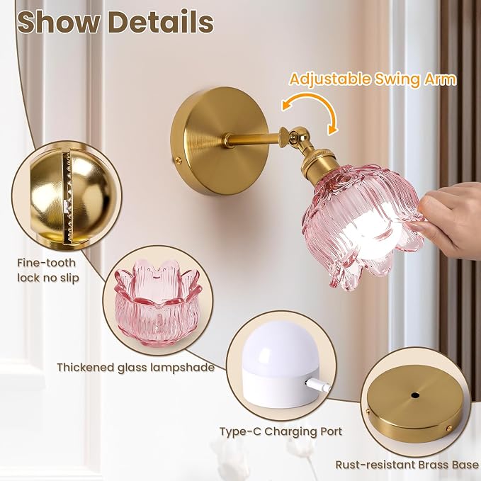 Vintage Battery Operated Wall Sconce: Set of 2 Rechargeable Pink Sconce | 5000mAh Flower Glass Cordless Mounted Lighting, Wireless Dimmable Powered Light, Remote Control, Bedroom Bedside Indoor Decor