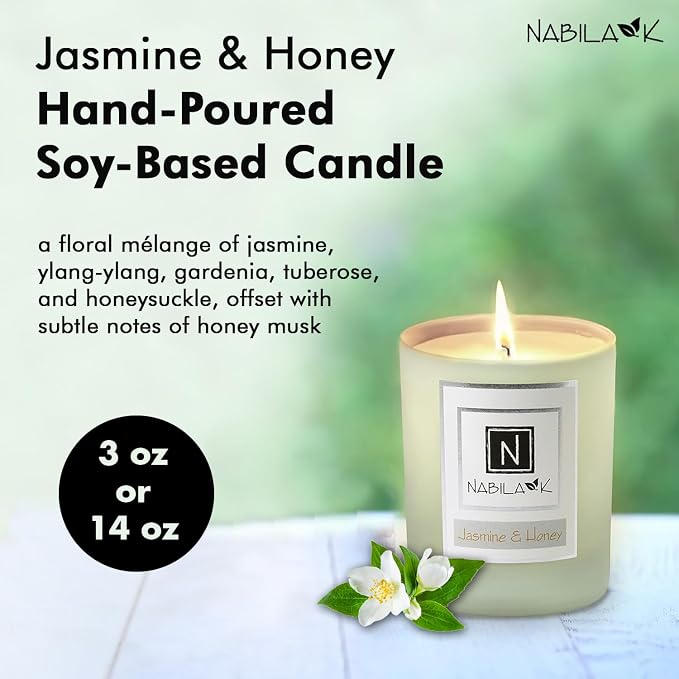 Nabila K – Jasmine & Honey - Soy-Based Candle - Jasmine, Ylang-ylang, Gardenia, Tuberose, and Honeysuckle, Honey - Hand-Poured - Cotton Wick - Aromatherapy - Essential Oils - Made in USA - 3 oz