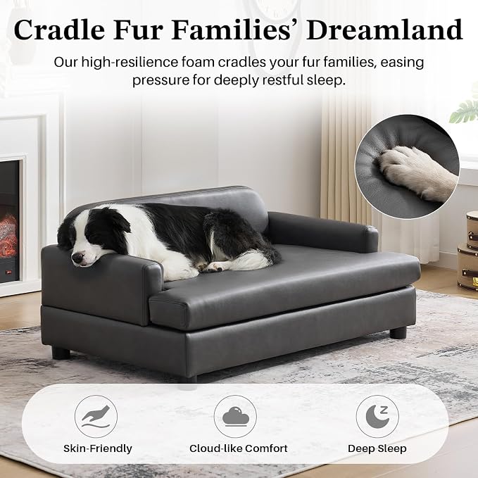 Luxury Dog Sofa Bed Elevated Pet Couch with Durable Waterproof Leather | Dog Couch with Orthopedic Sponge, Modern Furniture Style Dog Lounge & Pet Bedside Step, for Medium/Large Dogs, Gray