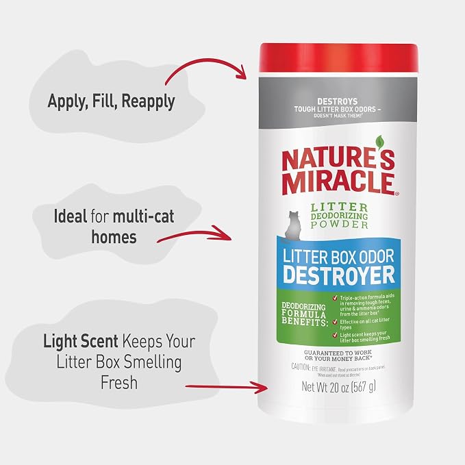 Nature's Miracle Cat Litter Box Odor Deodorizer Powder, 20 oz | Helps Remove Tough Urine, Feces & Ammonia Odors, Use In Litter Box Before Adding Litter, For Manual & Automatic Litter Boxes