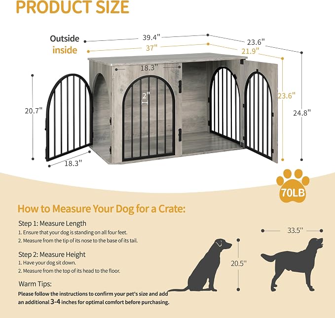 Hzuaneri 39.4'' Dog Crate Furniture,Dog Kennel Indoor for Medium/Large Dogs | Dog Kennel Furniture Wooden Dog Cage Heavy Duty Dog Crate Decorative Pet House End Side Table TV Stand,Greige Black DFC84105B