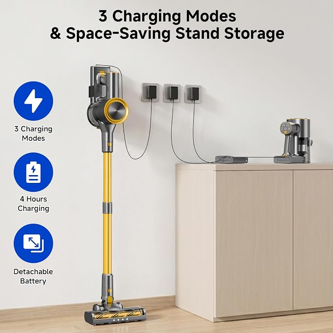 Cordless Stick Vacuum Cleaner - 45KPA Powerful Suction Vacuum with 45 Min Runtime, Detachable Battery, Anti-Tangle & 1.5L Dust Cup, 8 in 1 Vacuum Cleaner for Pet Hair, Carpet, HardFloor, Yellow