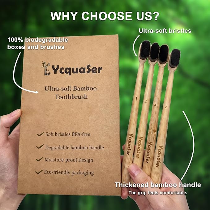 Ycquaser Extra Soft Bamboo Toothbrush,Natural Soft Toothbrushes for Adults,Micro Nano10000 Bristles Toothbrushes for Sensitive Gum,Fully Biodegradable,4 Pack