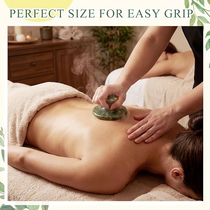 MTLEE 7 Pcs Hot Stones Massage Set Natural Green Jade Heated Warmer Stone, Round, Oval, Mushroom Shaped Hot Rocks, Body Gua Sha Massage Tool with Velvet Bag for Spa Relax, Relieve Tension (Full Body)