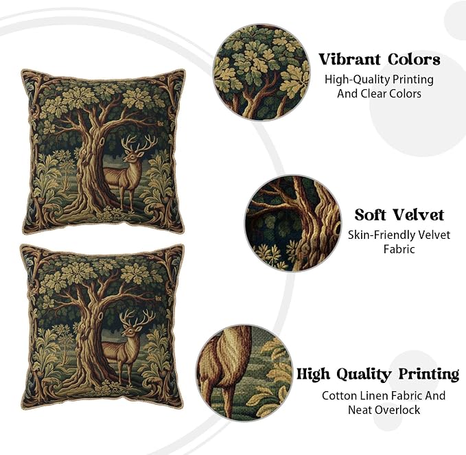 Vintage Green Deer Tree Velvet Pillow Covers 16x16 Inch Retro Reindeer Forest Throw Pillows for Couch Cushion Covers Pillowcase Boho Animal Farmhouse Pillow Cases for Sofa Bed Bedroom