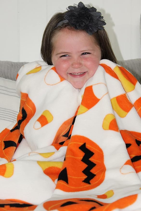 Halloween Fleece Throw Blanket, Jack-O'-Lanterns with Candy Corn, 50x70 in | Ultra-soft cozy flannel fleece, for sofa couch bed chair & dorms, spooky Halloween décor, durable and machine washable.
