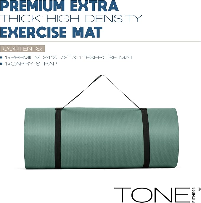 Tone Fitness 1-Inch Thick Yoga Mat | High-Density, Non-slip Exercise Mat with Carrying Strap for Yoga, Pilates, & Home Gym Workouts | Multiple Options