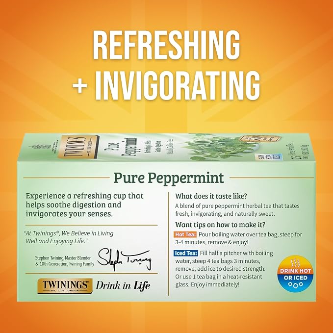 Twinings Pure Peppermint Herbal Tea Individually Wrapped Bags, 25 Count (Pack of 6), Fresh Minty Flavour, Naturally Caffeine-Free, Enjoy Hot or Iced, 150 Teabags