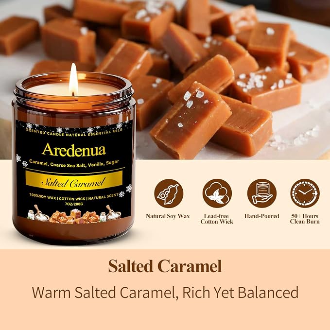 Salted Caramel Candle | Odor Eliminating Candles - 7oz Soy Candles for Home Scented, Warm Sweet Aroma Relaxing Scented Candles - Aromatherapy Candle Gift for Women Men - Up to 50 Hours Burn Time