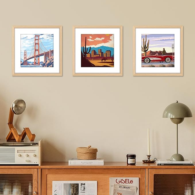12x12 Picture Frame Natural Set of 2, Photo Frame with HD Plexiglass, Display Pictures 8x8 with Mat or 11x17 Without Mat, Gold Picture Frames Collage Wall Decor, Gallary Wall Frame