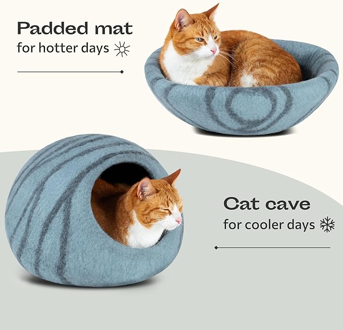 Cat Cave - Merino Wool Bed for Indoor Cats (Aquamarine, Large) | Cat Bed Enclosure, Premium Felt, Handmade, Super Soft, Lightweight, Breathable, Adjustable Shape