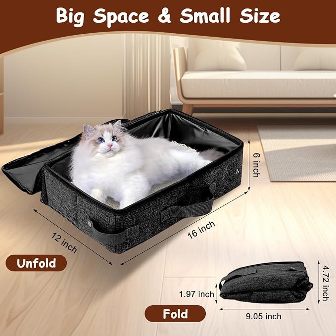 Foldable Cat Litter Box with Lid, Collapsible Travel Litter Box for Cats, 16 * 12 * 6 inches, Lightweight & No Leaking, Easy to take for Long Distabnce Traveling, Cat Essentials for Camping - Blue