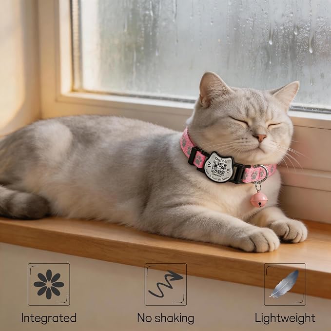 Breakaway Cat Collar with QR Code Tag and Bell (Pink & Purple) | Reflective Nylon, Quick-Release Buckle