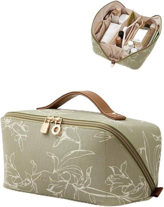 EACHY Travel Makeup Bag,Large Capacity Cosmetic Bags for Women,Waterproof Portable Pouch Open Flat Toiletry Bag Pattern Makeup Bag (F-Green-Large)