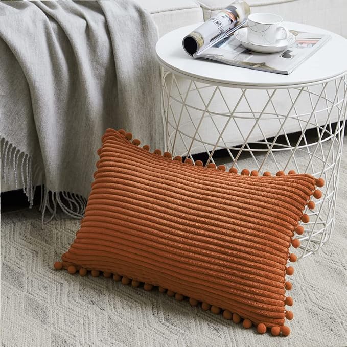 Fancy Homi 2 Pack Rust Lumbar Decorative Throw Pillow Covers 12x20 Inch with Pom-poms for Living Room Couch Bedroom, Soft Corduroy Solid Rectangle Cushion Case 30x50 cm, Rustic Farmhouse Home Decor