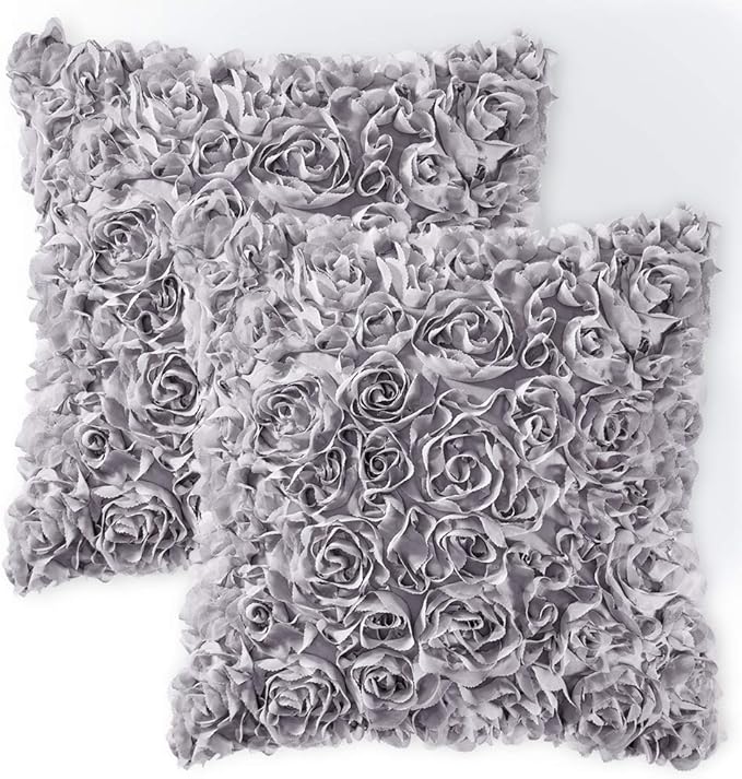 MIULEE Decorative Rose Flower Pillow Covers Pack of 2 Grey 16x16 Inch | Cute Romantic Stereo Chiffon Throw Pillow Cover Aesthetic Solid Pillowcase for Girl Coquette Room Decor Coach Bedroom