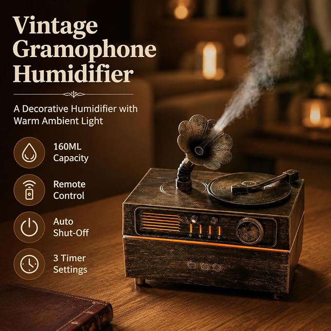 Vintage Gramophone Humidifier, 160ML Aroma Diffuser with Colorful LED Light, Remote Control, Auto Shut-Off, 3 Timer Settings, Essential Oil Diffuser for Bedroom, Office, Home Decor