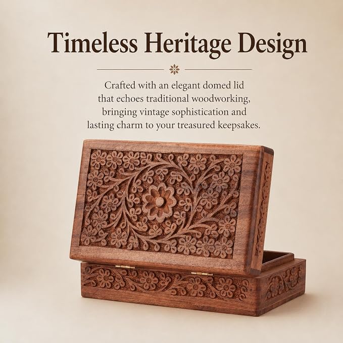 Ajuny Wooden Jewelry Box Hand Carved Flower Keepsake Chest - 8x5 Inch | Multipurpose organizer for necklaces, watches, rings and accessories; elegant birthday, wedding or anniversary present.