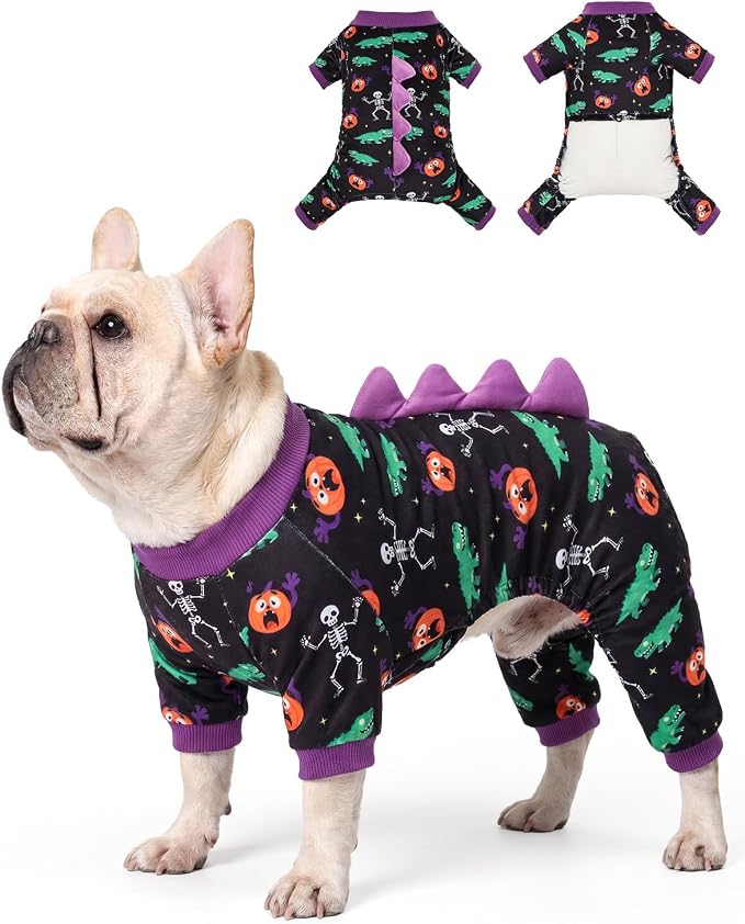 CuteBone Dinosaur Costume Halloween Dog Pajamas, Stretchy Spandex Crystal Velvet Sleepwear Coat for Small Dogs, Soft & Warm Pet Outfit Clothes for Cold Weather, Cozy Pullover Design COSP25L