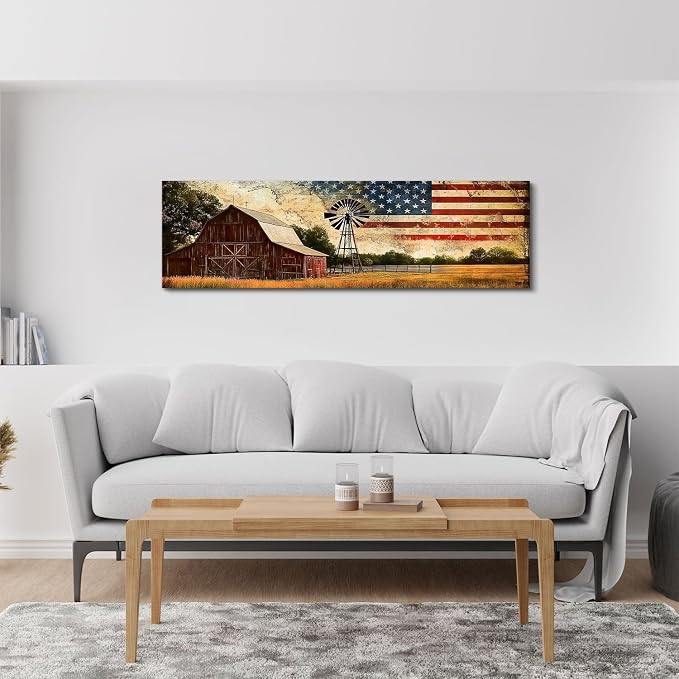 Farmhouse Barn Wall Art Country Western Wall Decor Vintage Windmill Pictures for Kitchen Living Room, Old Barn Landscape Canvas Painting America Flag Poster Prints Artwork Cabin Decoration 14x48”