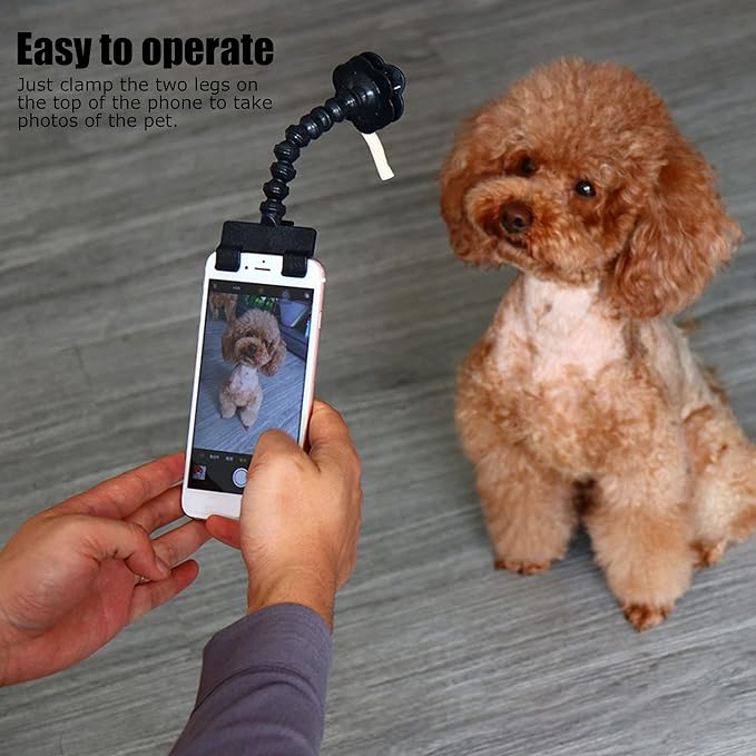 Dog Treat Camera Dispenser with Flower Clip for Phones Tablets Pet Selfie Device PVC Flexible Treat Feeder for Dogs Cats (Black)