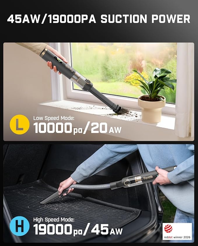 Fanttik Slim V10 APEX Cordless Car Vacuum, 4-in-1 Portable Mini Handheld Vac, Upgraded Smart Digital Display, 19kPa Suction Power, 2 Suction Modes for Small Jobs, Car, Office Desk, Keyboards (Gray)