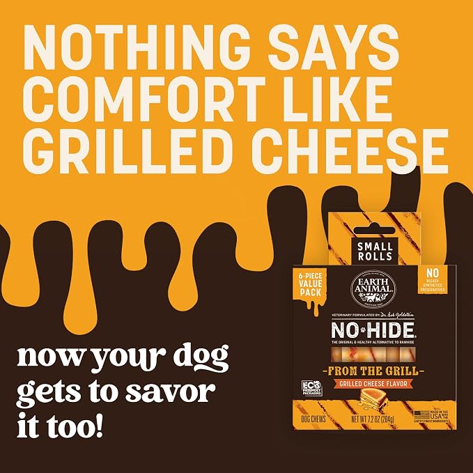 Earth Animal No Hide Dog Chews - Small Rolls 6 Count Grilled Cheese | Small Rolls Grilled Cheese Flavored Natural Rawhide Free Long Lasting Dog Chews - Pet Treats for Small Dogs