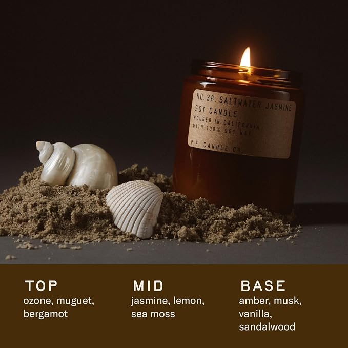 P.F. Candle Co. Classic Standard Scented Soy Wax Candle (7.2 oz) 40-50 Hour Burn Time, Amber Glass Jar, Made in The U.S.A. (Saltwater Jasmine)