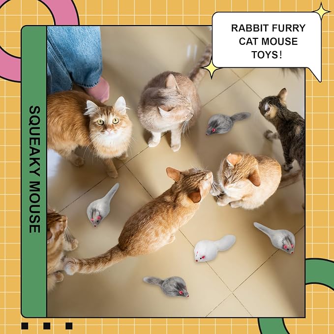 Hungdao 12 Pcs Fur Mice Cat Toys with Rattle Sound, White, Black, Gray