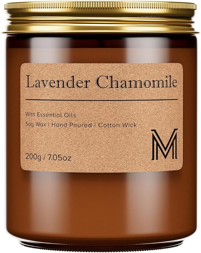 M&SENSE Lavender Chamomile Scented Small Candle, 7.5Oz Aromatherapy Candle for Home Fragrance, Soy Wax Candles Gift for Birthday, Housewarming, Amber Jar Candle for Stress Relief, Meditation, Yoga