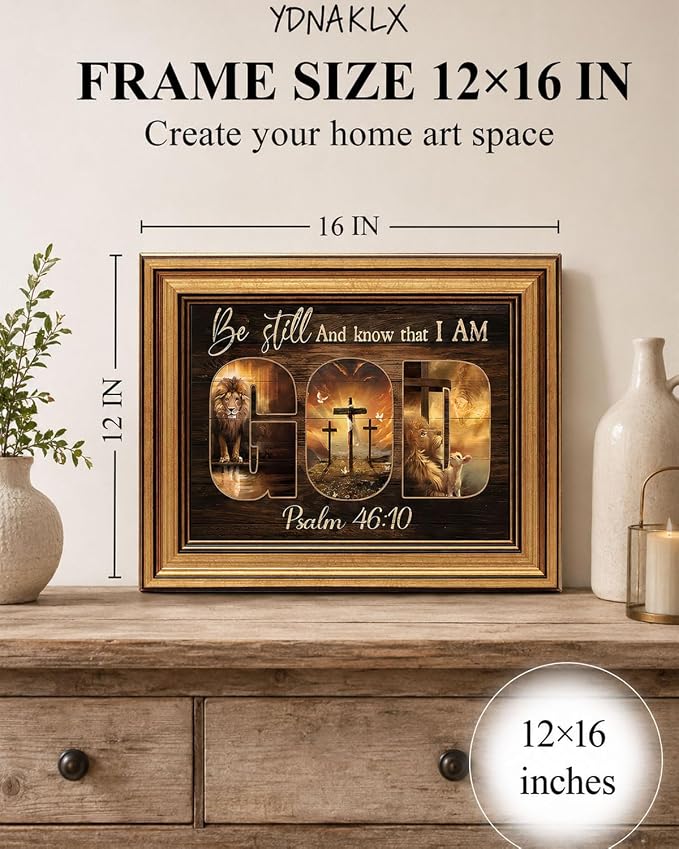 Gold Framed Wall Art, Christian God Canvas Prints, Lion and Lamb Cross Picture Wall Decor, Religious Bible Verse Artwork for Living Room Bedroom 12x16 inch