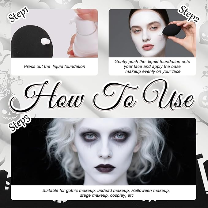 White Liquid Foundation for Halloween Goth Makeup,Professional Waterproof Full Coverage White Foundation for SFX Skeleton Ghost Zombie Clown Cosplay Makeup Face Paint for Adult Halloween Party