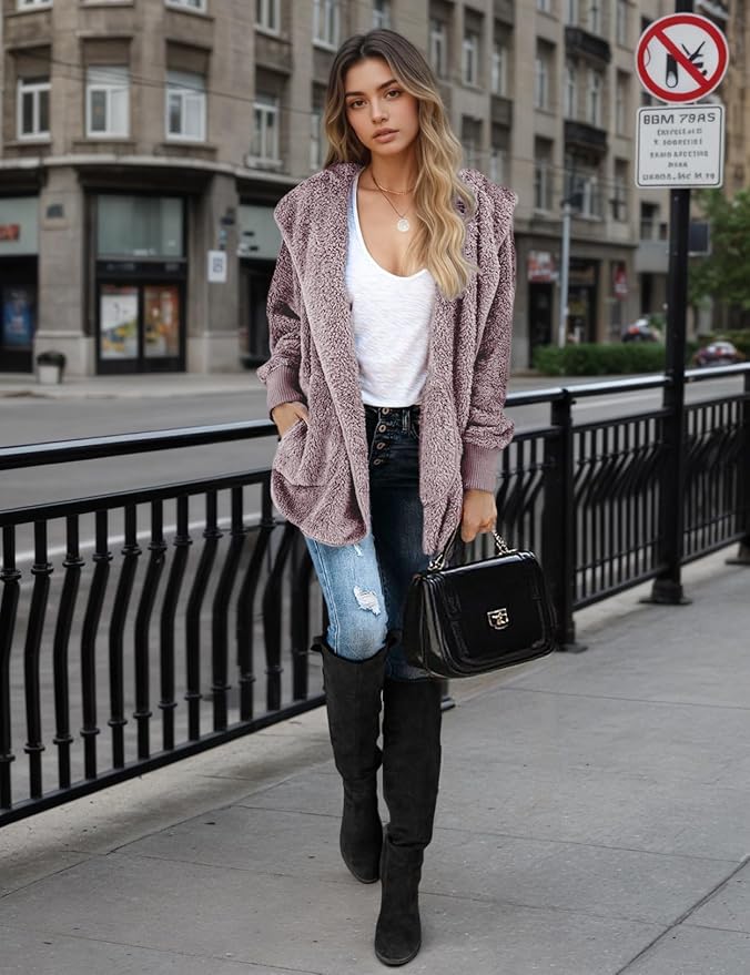 Zilcremo Women Hooded Cardigan Fuzzy Jacket Winter Open Front Fleece Coat Outwear with Pockets