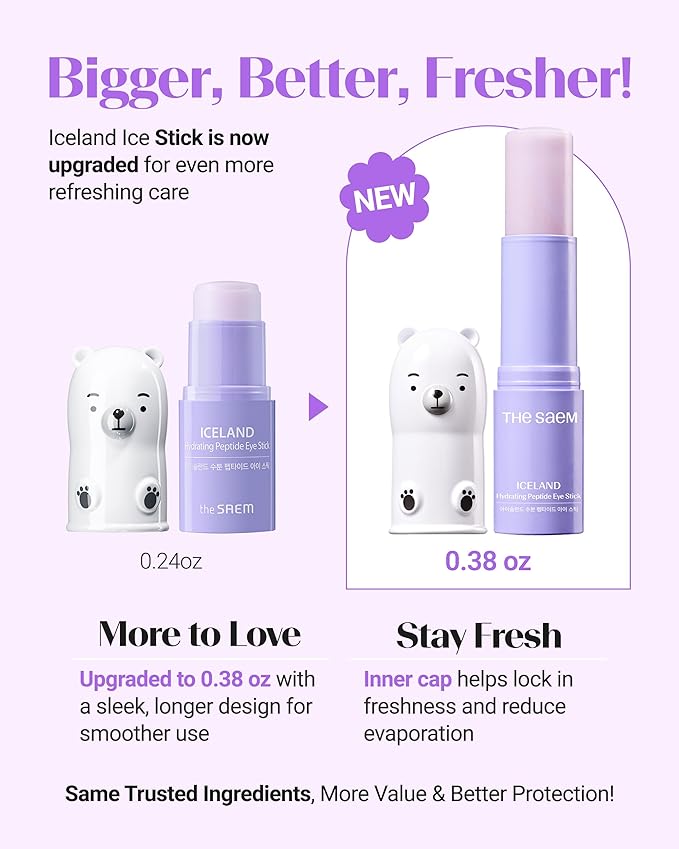 THESAEM Iceland Hydrating Peptide Eye Stick with Cute Bear Keyring Set - 5-Peptides Cooling Balm for Loose Skin – Under Eye Treatment with Glacier Water - Portable K-Beauty Charm, Daisy Scent, 0.38oz