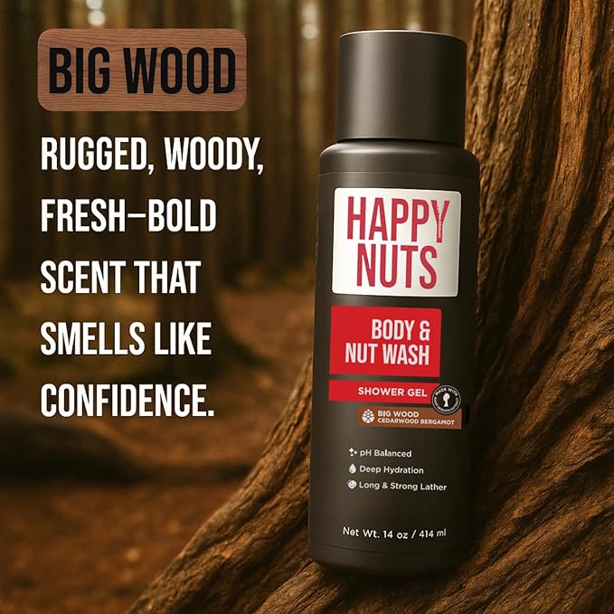 HAPPY NUTS Big Wood Body and Nut Wash - Moisturizing Men's Shower Gel, Natural Bodywash with Deep Cleanse for Sensitive Skin - Men's Body Soap (3 Pack, Big Wood)