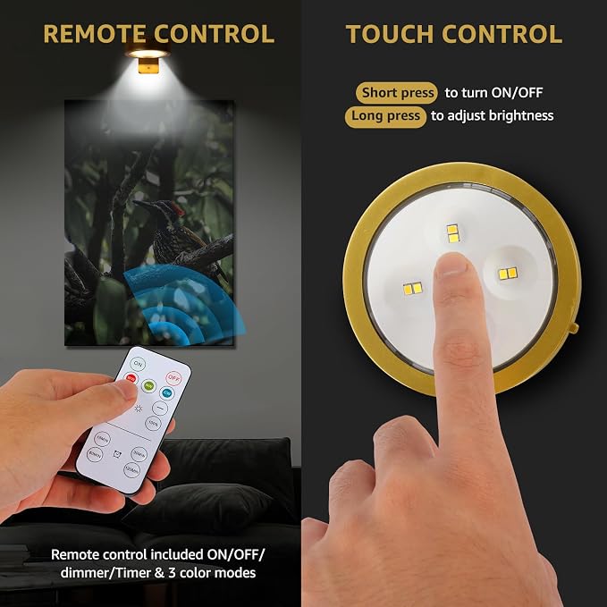 MIOBLUE 3-Pack Picture Lights for Wall, Rechargeable Battery Operated Painting Light with Remote Control Dimmable and Timer, 3 Lighting Modes Magnetic Art Display Puck Light for Home Decor