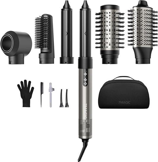 7MAGIC Hair Dryer Brush & 6 in 1 Hair Styler, Silver, 110 Volts, 1200 Watts, Ionic Technology, Fast Drying, Multi Styler for Straight, Wavy, Curly, and Coily Hair