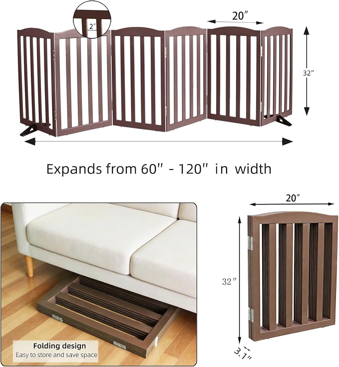 ZJSF Foldable Freestanding Indoor Dog Gate for House Wood Long Pet Gates Dog Fence for Stairs Puppy Gates for Hallways, Puppy Gate,Support Feet Included, Brown, 32 "Height-6 Panels